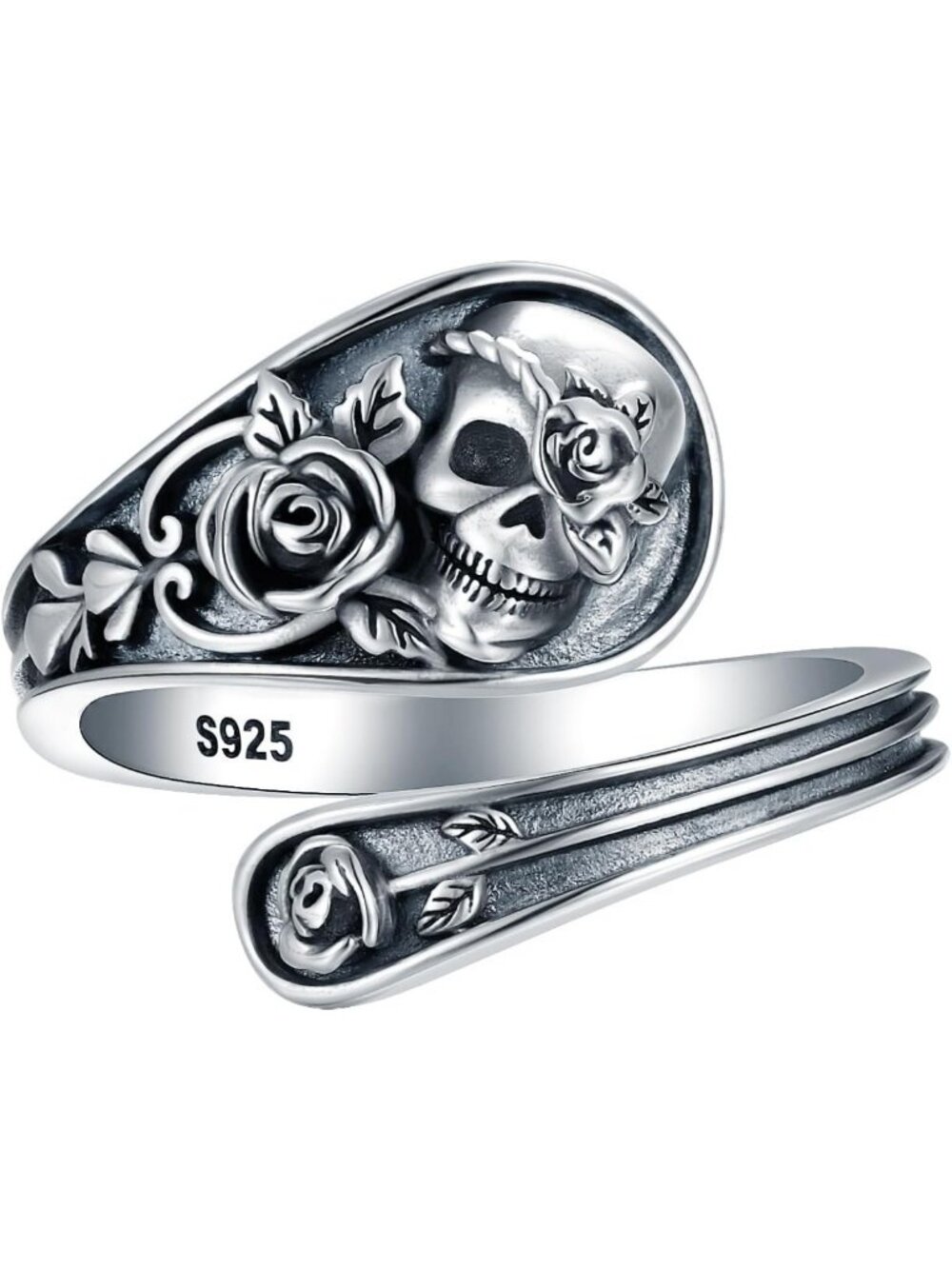 Gothic Sterling Silver Skull Spoon Ring - Adjustable Vintage Boho Halloween